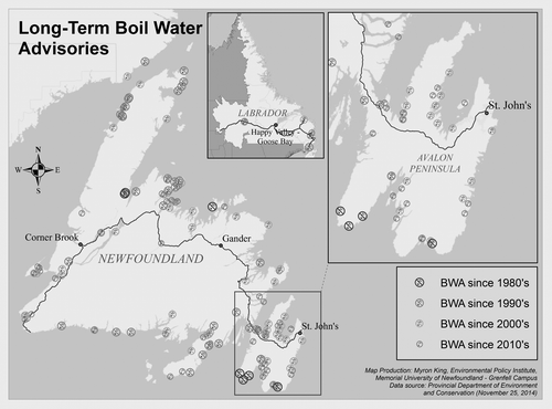Figure 2. Newfoundland and Labrador communities on boil water advisories (BWA) of 1 year+. Map courtesy of Myron King, Environmental Policy Institute.