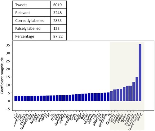 Figure 4. Results of the Logistic Regression for the 2013 Queensland floods dataset. The top 10 features are highlighted.