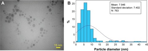 Figure 5 Transmission electron microscopy image and corresponding histogram showing particle size distribution of prepared AgNPs.Notes: (A) TEM image and (B) particles size distribution of AgNPs synthesized by A. marschalliana extract.Abbreviations: TEM, transmission electron microscopy; AgNPs, silver nanoparticles; A. marschalliana, Artemisia marschalliana.