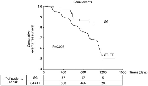 Figure 2. Cumulative events-free survival (Kaplan–Meyer curves) for renal events in GG and GT + TT patients. The comparison between the two groups was made by the log-rank test. The table under the x-axis indicates the number of patients at risk at relevant time points. Reproduced with permissionCitation9.