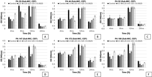 Figure 3 Shown are the effects of sub-minimal concentrations of cefepime on biofilms of six different isolates at four different time points (OD 540 nm). Bar graph shows reduction in biofilm formation up to 24 h of incubation as compared to the control samples. Each letter (A–F) represents a different P. aeruginosa isolate tested for cefepime.