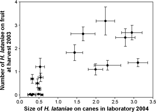 Fig. 2  The relationship between H. lataniae size in the laboratory after 68 days in 2004 and the number of adult H. lataniae on fruit at harvest in the field on the same vines in 2003. Bars are standard errors of means. Average fruit sample per vine = 76 (range 33–111). Kendall τ = 0.74, P < 0.0001, df = 21.