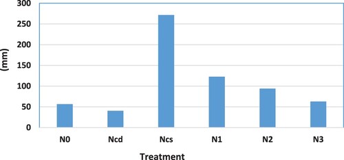 Figure 8. Amount of water leaching (mm) as a function of irrigation technique and nitrogen application (N0-Control drip no nitrogen; Ncd- Control drip nitrogen soil application; Ncs- Control macro sprinklers nitrogen soil application; N1-3- Full Fertigation with nitrogen in N2=Ncs) (Source: Darwish et al., Citation2003).