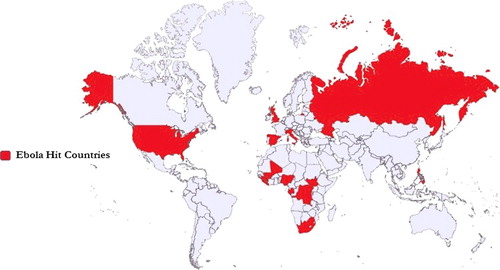 Figure 3. Ebola-affected countries on the world map. The coloured area depicts Ebola presence from 1976 to 2016.