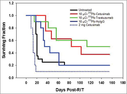 Figure 4. Validation of the effective working dose of 212Pb-cetuximab therapy. Kaplan-Meier survival curves of mice (n = 10) bearing i.p. LS-174T tumor xenografts were injected i.p. with 10 μCi 212Pb-labeled cetuximab and compared to 212Pb-trastuzumab. Additional groups of mice included untreated and 212Pb-HuIgG. Another group of mice received a single dose of unlabeled cetuximab (2 mg).