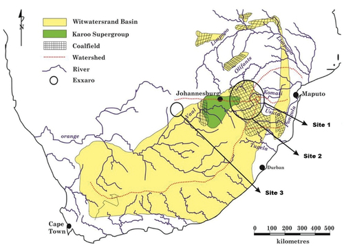 Figure 1. South African map indicating selected study sites. Site 1: active coal mine in Mpumalanga province; Site 2: reclaimed coal mine situated Eastern side of Johannesburg in Gauteng province and Site 3: active gold mine situated in the North West province of South Africa. (map adopted with modifications from [Citation24] (used with permission).