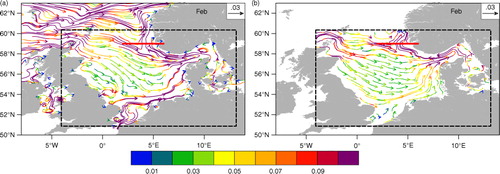 Fig. 9 Climatological surface current fields (m s−1) of (a) MPIOM and (b) HAMSOM (upper 15 m) results for February. The colours refer to current speeds (m s−1). The black dashed line shows the domain of HAMSOM model, and the red thick lines refer to 59°N section in Fig. 10.