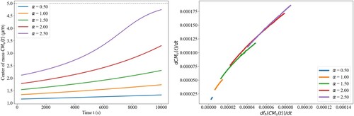 Figure 6. Movement speed CMu(t)dt as a function of pheromone profile slope f(hCMu(t))dt. dfh(x)dx>0 for x∈(0,2.5).