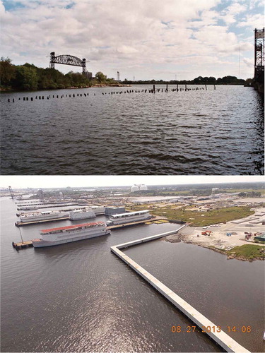 FIGURE 9. Photographs of the Atlantic Wood Industries site before (top, 2007; credit—Bryan Clark) and after remediation including the construction of a retaining wall in 2014 (credit—Elizabeth River Project).
