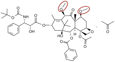 Figure 2 The chemical structure of cabazitaxel (C45H57 NO14…C3H6O, MW = 894.01). Highlighted in red are methoxy side chains that substitute hydroxyl groups found in docetaxel.