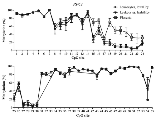 Figure 3. Methylated fraction in the RFC1 gene in normal placenta (n = 4), leukocytes from subjects with low tHcy (c = 5–10 µmol/L, n = 22–24), and leukocytes from subjects with high tHcy (c = 20–113 µmol/L, n = 21–24). The error bars show ± 1 SD. The upper panel shows CpG sites 1–24 and the lower panel shows CpG sites 25–55.