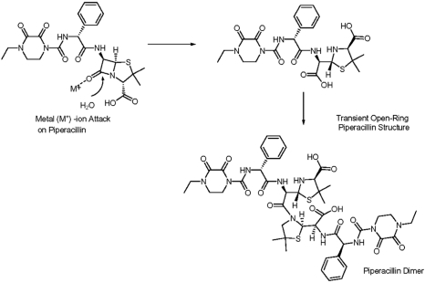 Figure 1 Hydrolysis of piperacillin followed by formation of a piperacillin dimer with low solubility.