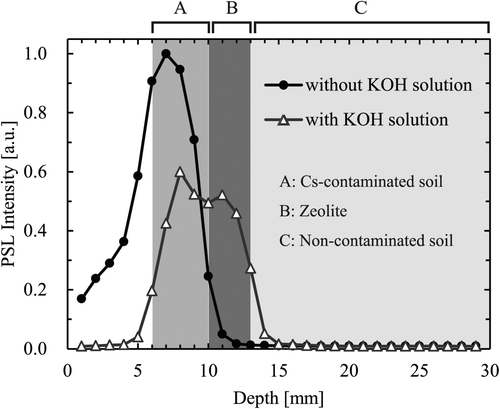 Figure 5. Results of preliminary radioactive-caesium-adsorption experiment with IP strip monitors, which was performed through addition of zeolite layer.