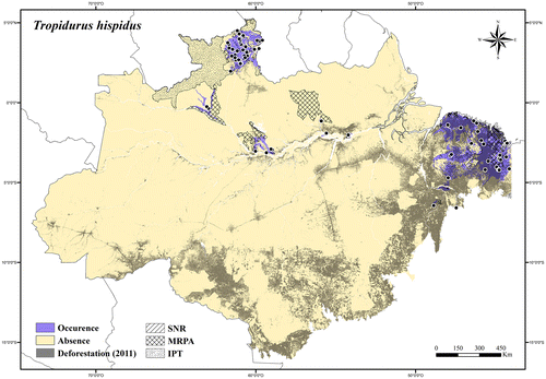 Figure 123. Occurrence area and records of Tropidurus hispidus in the Brazilian Amazonia, showing the overlap with protected and deforested areas.