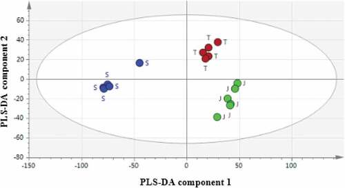 Figure 2. Partial least square discriminant analysis (PLS-DA)score scatter plot of milk from different goat breeds; Jamnapari (J), Saanen (S) and Toggenburg (T)
