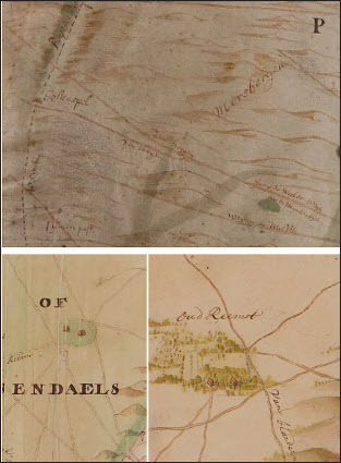 Fig. 7. Detailed maps of Willem Leenen from 1755 (central above), Barend Elshoff from 1725 (lower right) and Geelkercken van (lower left). The high and low road to Harderwijk are clearly depicted on first two the maps.