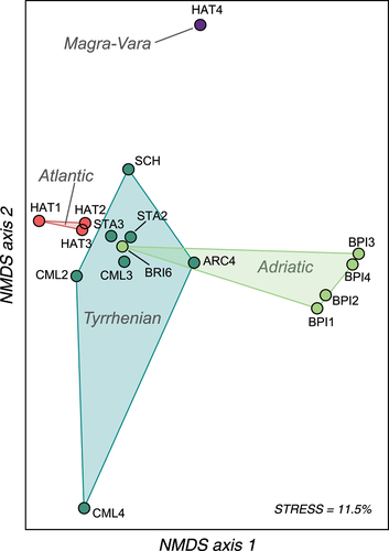 Figure 3. Non-metric multidimensional scaling (NMDS) of the population-pairwise genetic distance (Fst) matrix based on 15 STR loci. Wild sites/hatcheries, which abbreviations refer to Table I, are grouped according to their geographic area of origin and coloured accordingly: Tyrrhenian Apennine slope; Adriatic Apennine slope; Atlantic (hatchery strains); Magra-Vara drainage basin (Mediterranean hatchery).