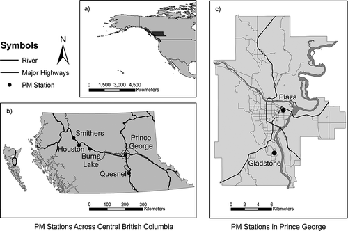 Figure 1. Locations of the PM measurement stations analyzed in this study. Map (a) provides a rough overview of the overall study domain on the North American continent, map (b) illustrates the locations of all small cities in central British Columbia included in this study, and map (c) shows the specific location of the Plaza and Gladstone measurement stations in Prince George.