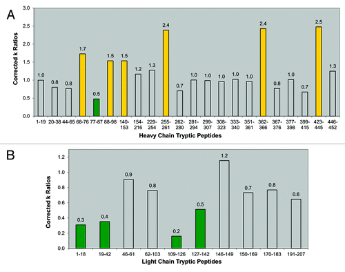 Figure 5. Bar graphs of corrected rate constant ratios (dimer:monomer). (A) Corrected rate constant (k) ratios of heavy chain tryptic peptides (Table 4A). (B) Corrected rate constant (k) ratios of light chain tryptic peptides (Table 4B). For both panels, yellow bars indicate peptides with decreased protection in the dimer. Green bars indicate peptides with increased protection in the dimer. Uncolored bars indicate peptides that show no relative difference in protection levels between the dimer and monomer.