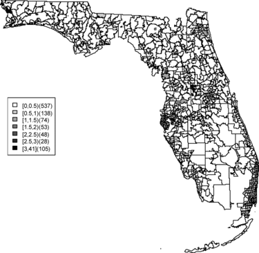 Figure 1. The standardized morbidity ratio of the childhood cancer data at each zip code area.