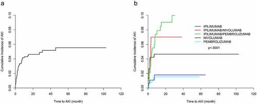 Figure 1. Cumulative incidence plots of AKI (Definition 1a: (≥0.3 mg/dl increase in creatinine over 48 hours). (a) Whole cohort. (b) Subgroups by type of ICI