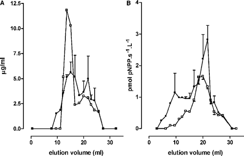 Figure 3 Gel filtration experiments. Eighty micrograms of IAP were filtered through Sephadex G200 without (solid squares) or with 50 mmole/L calcium in the elution buffer (open squares). Panel A describes the elution pattern of proteins measured with an specific antibody by the dot blot technique (see text for experimental details). Panel B describes the elution pattern of enzymatic activity in aliquots of each fraction. Each point represents the mean ± SEM of three replications of the experiment.