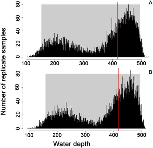FIGURE 4. Depth estimation employing weighted bootstrap analysis of the elasmobranch faunal composition, considering both A, the members of Batoidea, and B, and excluding them. The mean depth estimation is represented by the line, while the 95% confidence interval for the most probable depth range of the assemblage is illustrated as a shadow.