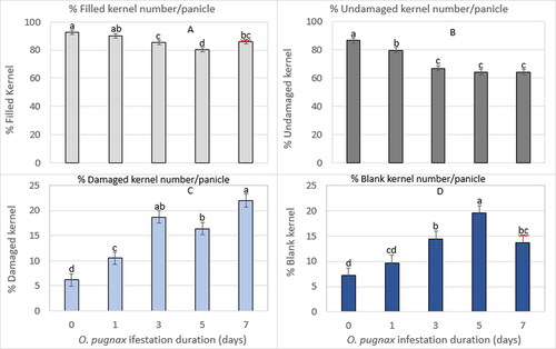 Figure 8. O. pugnax infestation durations on percent (%) number of filled kernel (A), undamaged (B), damaged (C), and blank (D) per panicle across sex and cultivars in 2012.