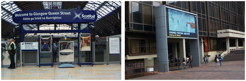 Figure 1. Mirrors (left) on the station concourse, Glasgow; (right) digital mirror with Hand from Above on the BBC Big Screen, Portsmouth.