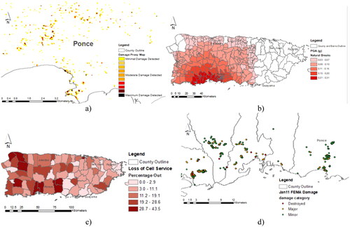 Figure 2. Different datasets collected after the Indios Earthquake (2020) with varying spatial resolution and coverage: (a) Damage Proxy Map from 9 January 2020 (ARIA JPL), (b) peak ground acceleration (USGS), (c) cellphone coverage on 9 January 2020 (FCC), and (d) FEMA building damage.