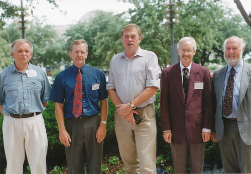 Figure 2. Geoff with his New Zealand Geological Survey ‘family’, taken at the IX International Palynological Congress in Houston, Texas 1996. Left to right: Graeme Wilson, Dave Pocknall, Dave McIntyre, Dallas Mildenhall, and Geoff Norris. Photo supplied by Dave Pocknall.