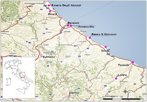 Figure 1. Collection sites in Abruzzo and Molise regions in central-southern Italy where honey bees were collected.