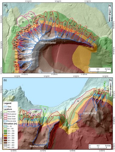 Figure 9. Fan-shaped landforms and talus slopes distribution on (a) Zeppelinfjellet slope (Ny-Ålesund) and (b) Bratliekollen slope (Blomstrandøya); the numbers refer to Tables 2 and 3.