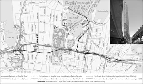 Figure 1 Map showing the horizontal alignments of Sydney's Cross City Tunnel. Source: Catalyst Communications (2003) Cross City Tunnel: Summary of Contracts, p. 2. Insert: a vent stack for the tunnel (Photo by S. Sturup).