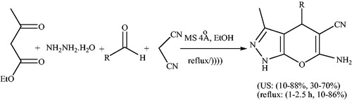 Scheme 131. Preparation of dihydropyrano[2,3-c]pyrazole using molecular sieves (MS 4 Å) under reflux and ultrasonic irradiation.