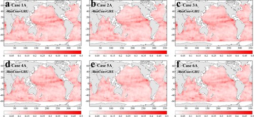 Figure 5. Spatial distribution of the NRMSE for ResConvGRU from Cases 1A to 6A (a–f). The computation is based on the average of five-time estimations and the Argo MLD from 2017 to 2019 (a total of 36 months).