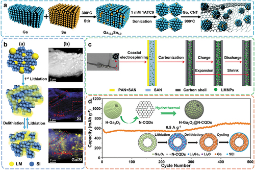 Figure 7. Application of LM in self-healing battery electrodes. A. Synthesis procedure of a room-temperature self-healing anode for lithium-ion batteries with Ga-sn LM alloy stabilizing in a reduced graphene oxide/carbon nanotube skeleton. Reproduced with permission from ref [Citation106]. Copyright 2017, royal society of chemistry. B. Schemes of spontaneous repairing LM/Si anode for lithium-ion battery. (a) Charge-discharge process of the LM/Si anode (left); (b) STEM image (right-top) and element mappings of LM/Si anodes before (right-middle) and after (right-bottom) discharge. Reproduced with permission from ref [Citation107]. Copyright 2018, Elsevier BV. C. Carbonization steps and electrochemical processes of self-healing LM nanoparticles encapsulated in hollow carbon fibers as a free-standing anode for lithium-ion batteries. Reproduced with permission from ref [Citation108]. Copyright 2019, Elsevier BV. D. Hollow Ga2O3@N-CQD as a self-healing anode for lithium-ion batteries. Reproduced with permission from ref [Citation109]. Copyright 2020, American Chemical society.