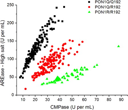 Figure 1. Functional genotyping for the PON1 Q192R polymorphism through the hydrolysis of CMPA versus PA under high salt condition. Each data point indicates one individual.