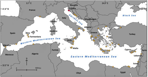 Figure 1. Yellow stars show the spatial distribution of boulder deposits around the Mediterranean Sea (modified from Mottershead et al. Citation2018). most of these deposits are reportedly of mixed origin (i.e. storm and tsunami). the red dots indicate the boulder accumulations recently discovered in north Croatia (Biolchi et al. Citation2019a,Citationb).