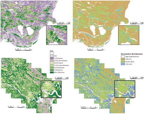 FIGURE 8. Spatial models of CB (upper) and SL (lower) for PVC (left) and soil moisture (right). Fine detail can be seen in each high-spatial resolution (4 m) image. Dense and multi-layered vegetation corresponds with wet drainage areas in each image.