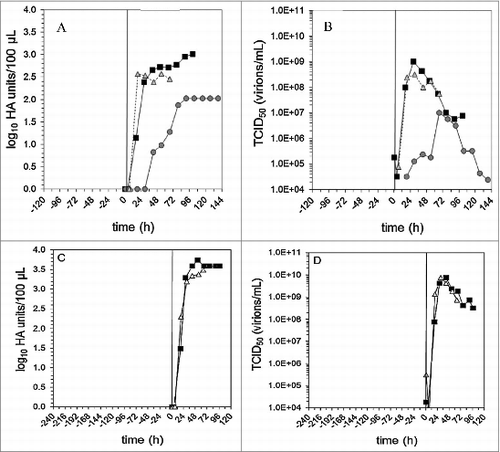 Figure 2. Virus production in a 1 L batch (A: HA titer and B: TCID50) and perfusion (C: HA titer and D: TCID50) stirred tank bioreactor (ATF). Adapted from Genzel et al.Citation18