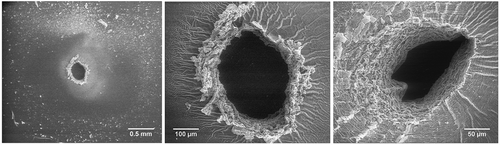 Figure 3. Illustration of common brittle failures after electrical breakdown for the reference DMS-V31. For all three breakdown zones there is a large extent of solidified matter around the pin-hole.