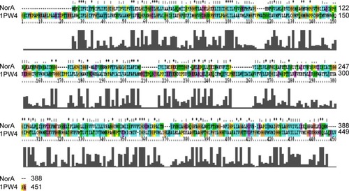 Figure 2 Pairwise alignment of NorA efflux pump of Staphylococcus aureus with glycerol-3-phosphate transporter (PDBID: 1PW4) of Escherichia coli.