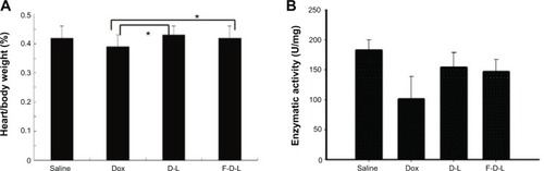 Figure 9 Folate conjugated liposomes have reduced cardiotoxicity.Notes: (A) Heart/body weight index. (B) GSH-Px enzymatic activities. Data are expressed as the mean ± SD (n=6). *P<0.05.Abbreviations: F-D-L, F-CONH-PEG-NH-Chol conjugated doxorubicin liposome; F-CONH-PEG-NH-Chol, folate-CONH-PEG-NH-Cholesterol; D-L, PEGylated doxorubicin liposome; Dox, doxorubicin; SD, standard deviation; GSH-Px, glutathione peroxidase.