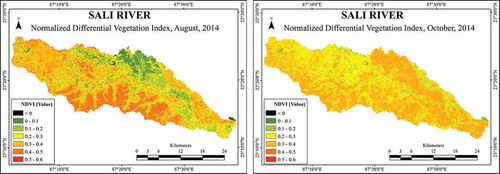 Figure 5. NDVI of Sali River for the month of August (left) and October (right).