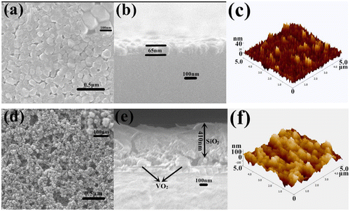 Figure 1. SEM and AFM images of tungsten-doped VO2 films (a)–(c) and SiO2/VO2 composite films (d)–(f) on quartz after calcination.