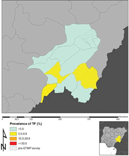 Figure 1. Prevalence of trachomatous inflammation–follicular (TF) in 1–9-year-old children, by Local Government Area, Taraba State, Nigeria, Global Trachoma Mapping Project, 2013–2014.