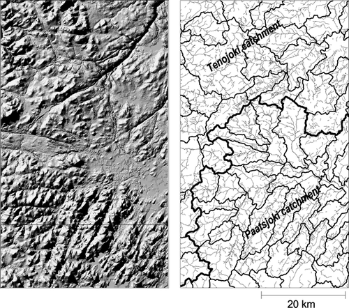 Figure 2 A three-dimensional terrain view (left) and the drainage pattern and catchments (right) of the study region. Drainage networks of the study region were constructed from the digital water database of the National Land Survey of Finland measuring streams shown in blue in topographic maps. The terrain view was produced using the shaded relief surface model derived from a digital elevation model with 25-m resolution (sun angle  =  45°, azimuth  =  315°).