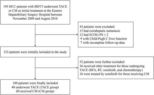 Figure 1 Flowchart of screening all HCC patients with BDTT who underwent either TACE or CM as initial treatment.