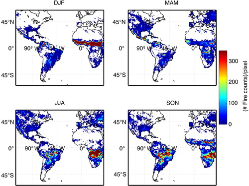 Fig. 7 Mean seasonal number of fire counts per pixel based on MODIS (Moderate Resolution Imaging Spectroradiometer) on board Terra satellite monthly data in the area delimited by latitude from −60° to 60° and longitude from −120° to 40°. Data from January 2002 to December 2012 (available at www.mirador.gsfc.nasa.gov/, – last accessed on 20 February 2014).